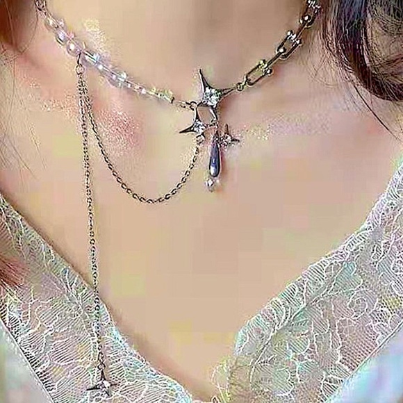 Silver North Star Beaded Chain Link Punk Necklace - Picture 10 of 13